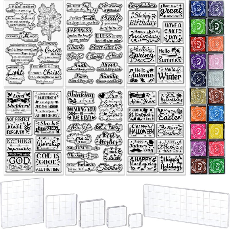 twinklemon 6 Sheets Words Clear Stamps for Christmas Card Making Includes 20 Ink Pad 6 Acrylic Stamp Block Blessing Words Silicone Stamps with Holiday Bless Happy Birthday Bible Verse Greeting - Image 1